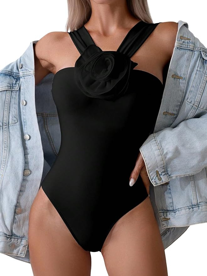 Floerns Women's One Piece Swimsuit Flower Appliques High Neck Monokini Swimwear | Amazon (US)