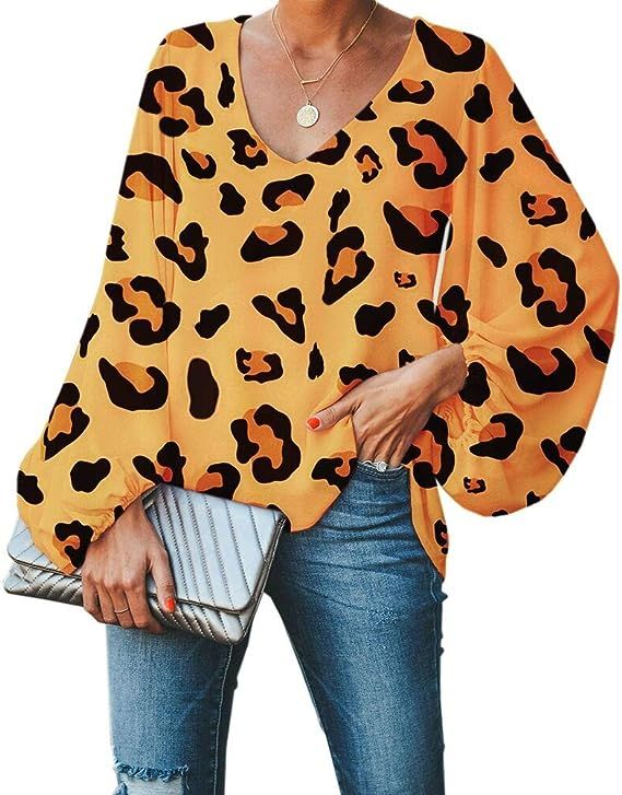 Imysty Womens Oversized Lantern Sleeve Chiffon Blouse Tops Casual Loose V Neck Shirts Pullover | Amazon (US)
