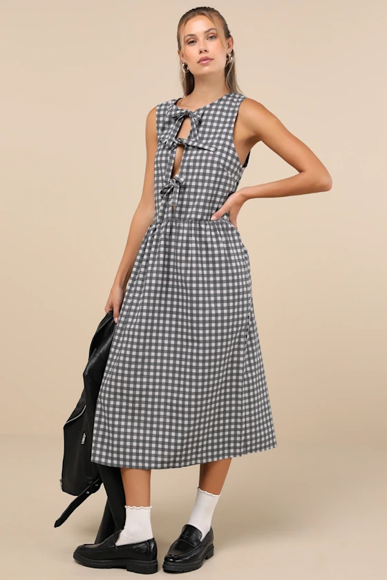 Prelith Black Gingham Tie-Front Midi Dress | Lulus