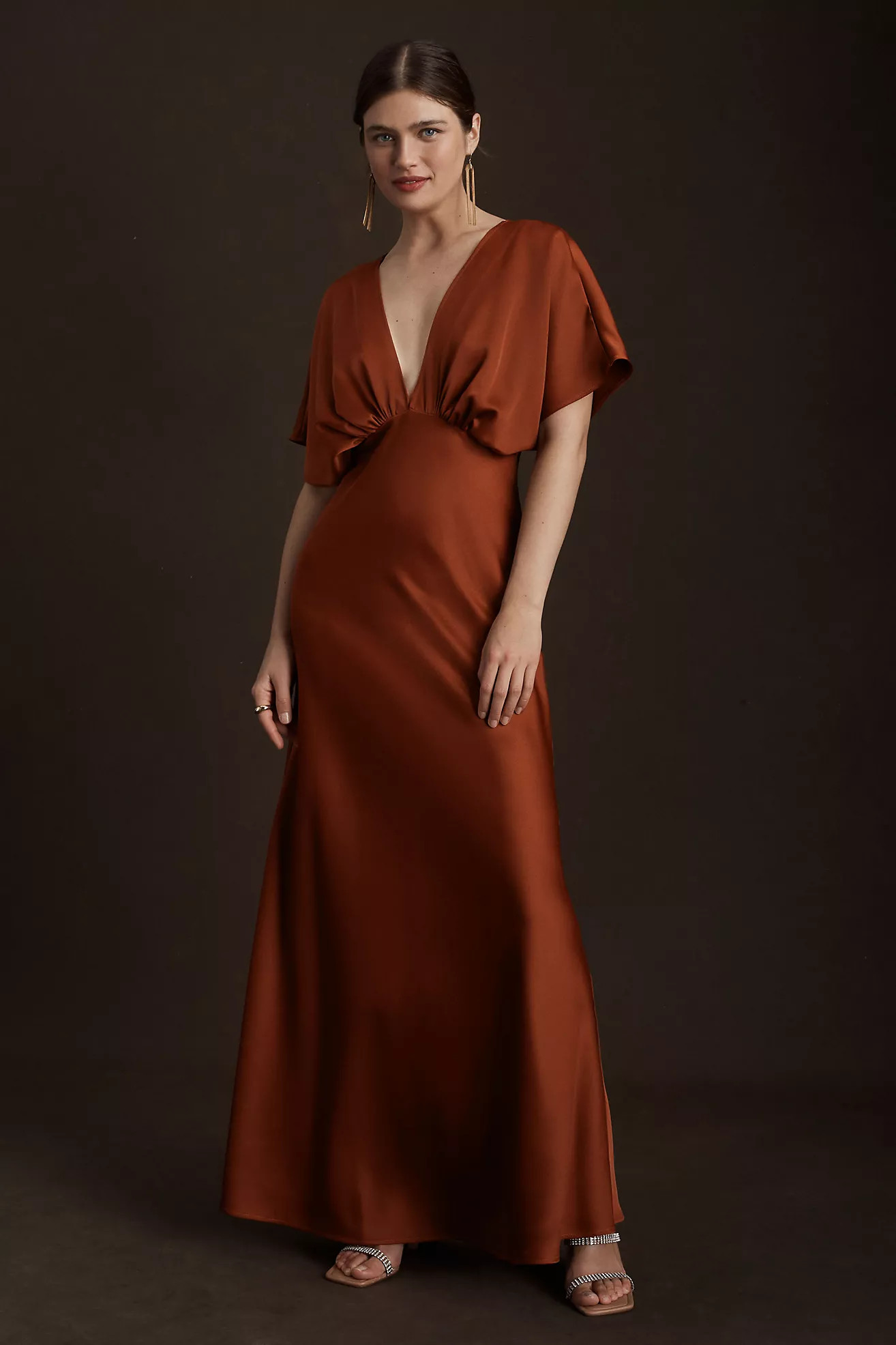 BHLDN Leila Deep-V Flutter-Sleeve Satin A-Line Gown | Anthropologie (US)