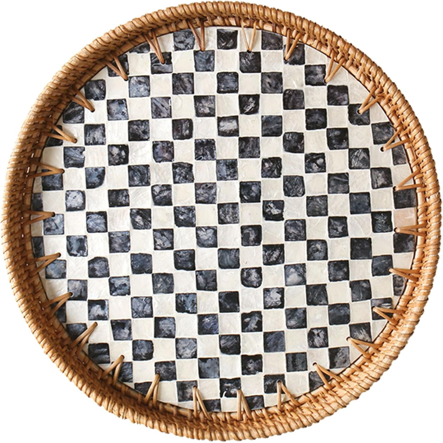 Round Rattan Tray with Mother of Pearl Inlay, Wooden Base | Amazon (US)