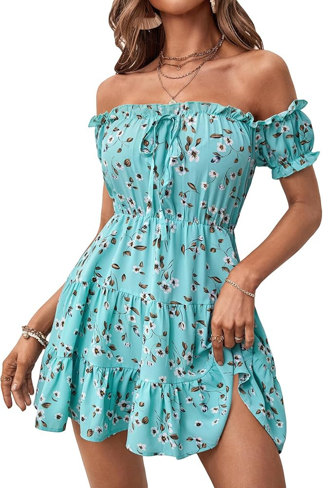 Amazon.com: Floerns Women's Boho Square Neck Puff Short Sleeve Self Tie Front A Line Dress Mint B... | Amazon (US)