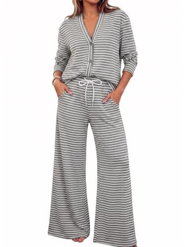 Fisoew Womens 2 Piece Lounge Set Striped Cardigan Pant Sets Travel Outfits | Amazon (US)