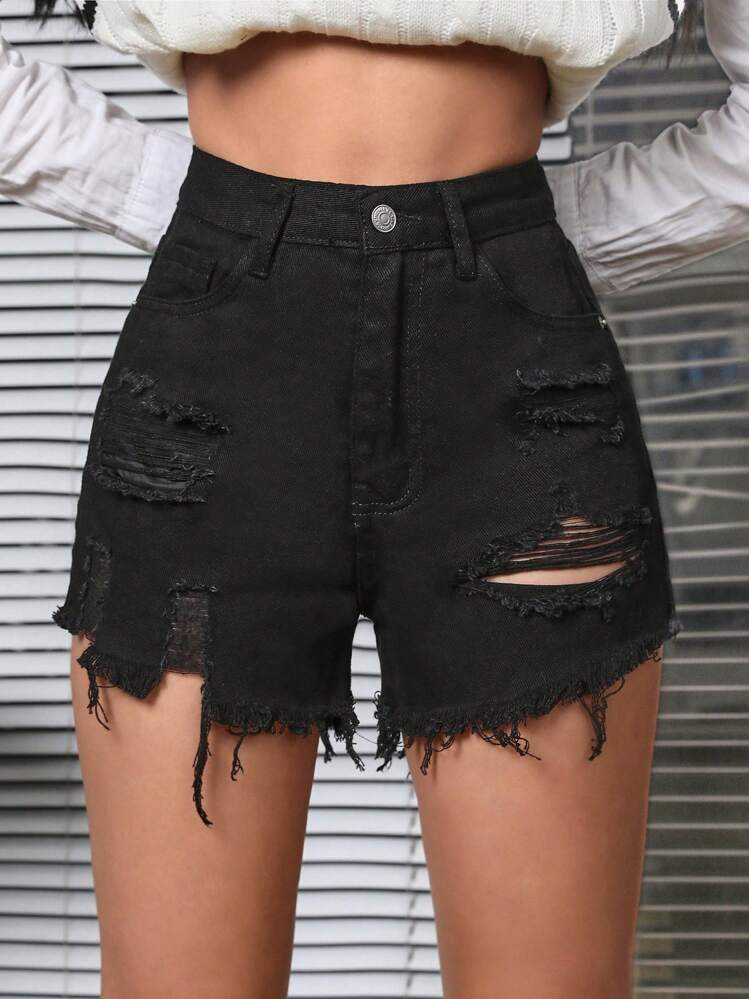Ripped Raw Hem Denim Shorts | SHEIN