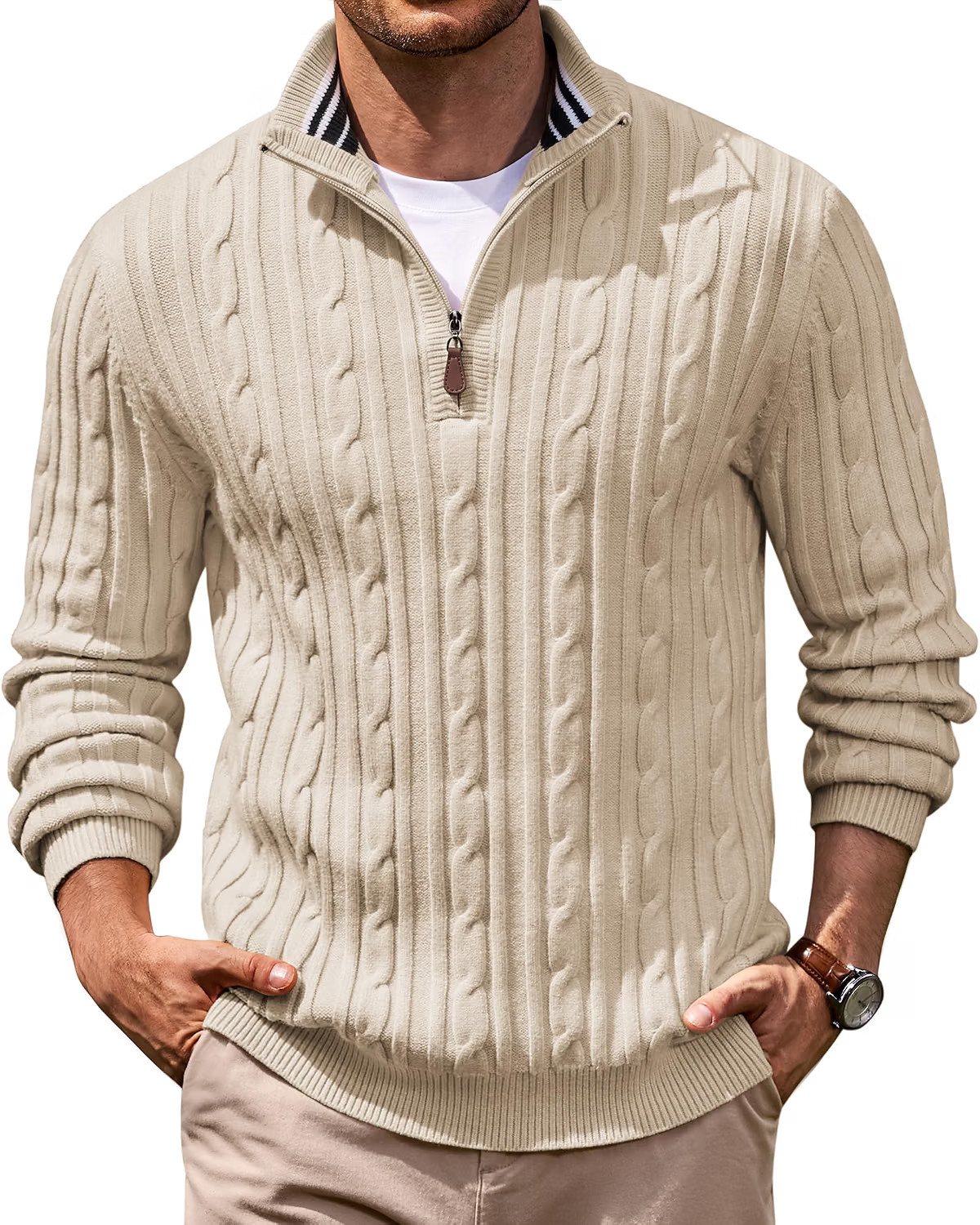 COOFANDY Men's Quarter Zip Pullover Cable Knit Mock Neck Dress Sweater | Amazon (US)