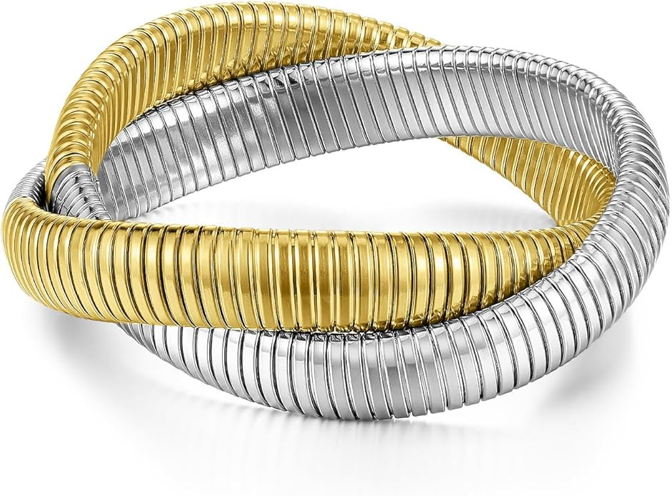 Gold Bangles Bracelet Set for Women, 18K Gold Plated Chunky Stainless Steel Non Tarnish Stretch B... | Amazon (US)
