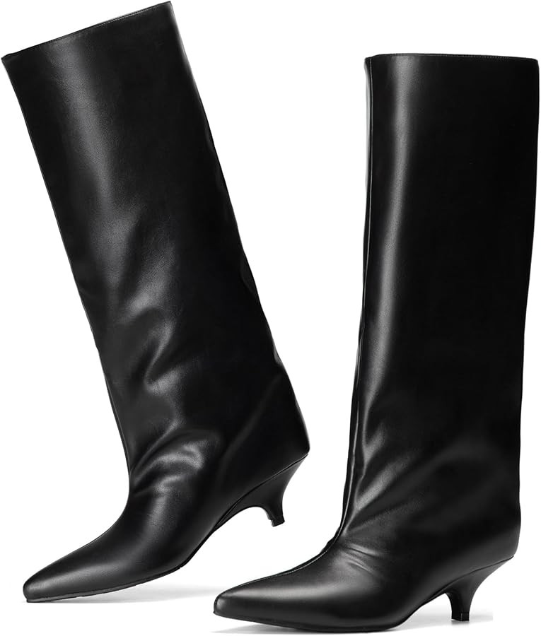 vivianly Knee High Boots for Women Pointed Toe Fold Over Black Boots Kitten Heel Comfortable for ... | Amazon (US)