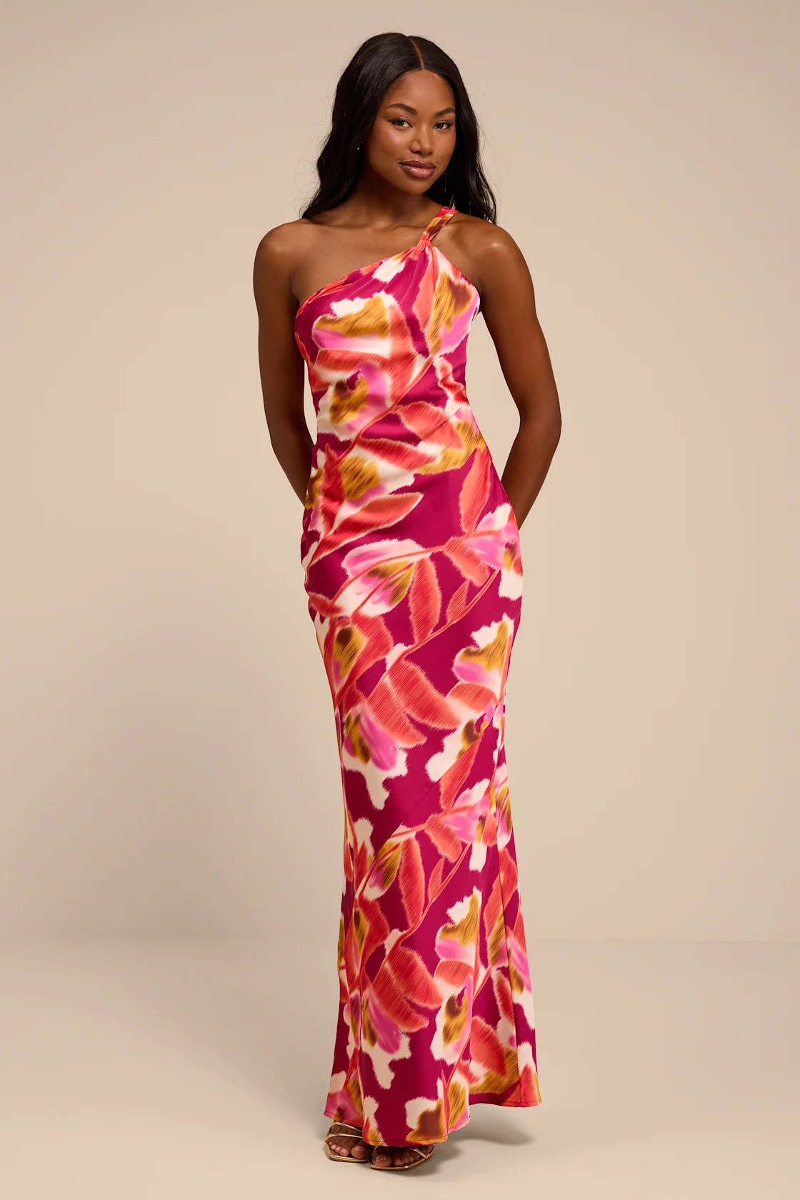 Sandria Magenta Multi Floral Satin One-Shoulder Maxi Dress | Lulus