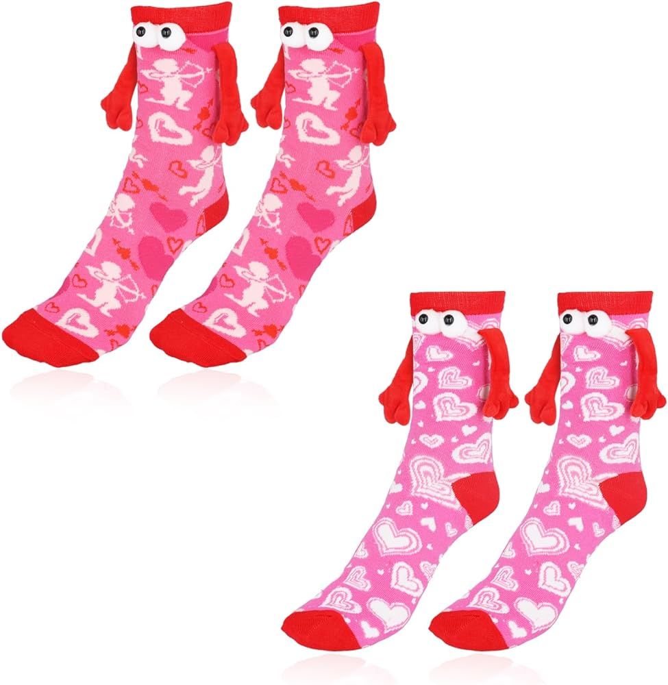lasuroa 2 Pair Valentine's Day Socks, Funny Magnetic Hand Holding Socks Novelty Heart Print Crew ... | Amazon (US)
