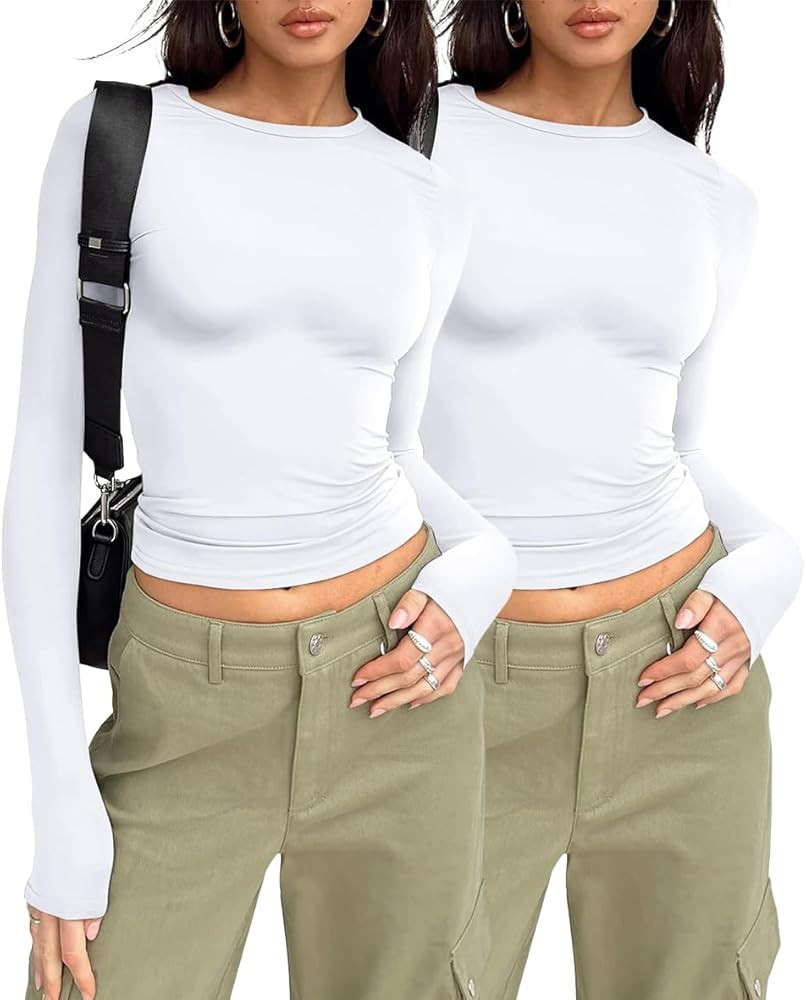 AUTOMET 3 Pack Womens Long Sleeve T Shirts Fall Fashion Basic Going Out Crop Tops Slim Fitted Win... | Amazon (US)