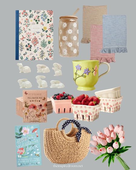 Easter basket ideas and spring gift guide. Floral notebook, daisy glass tumbler cup with bamboo lid and straw, striped ruffle kitchen towels, floral mug, strawberry painted berry baskets, Wildflower seeds, Wildflower card deck (cute as art!), basket, faux realistic tulips 

#LTKunder50 #LTKSeasonal #LTKGiftGuide