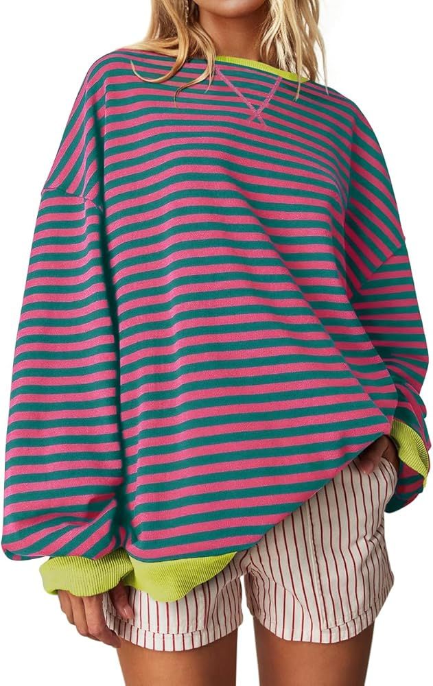 UEU Women Oversized Striped Crewneck Sweatshirt Long Sleeve Color Block Pullover Tops Casual Loos... | Amazon (US)