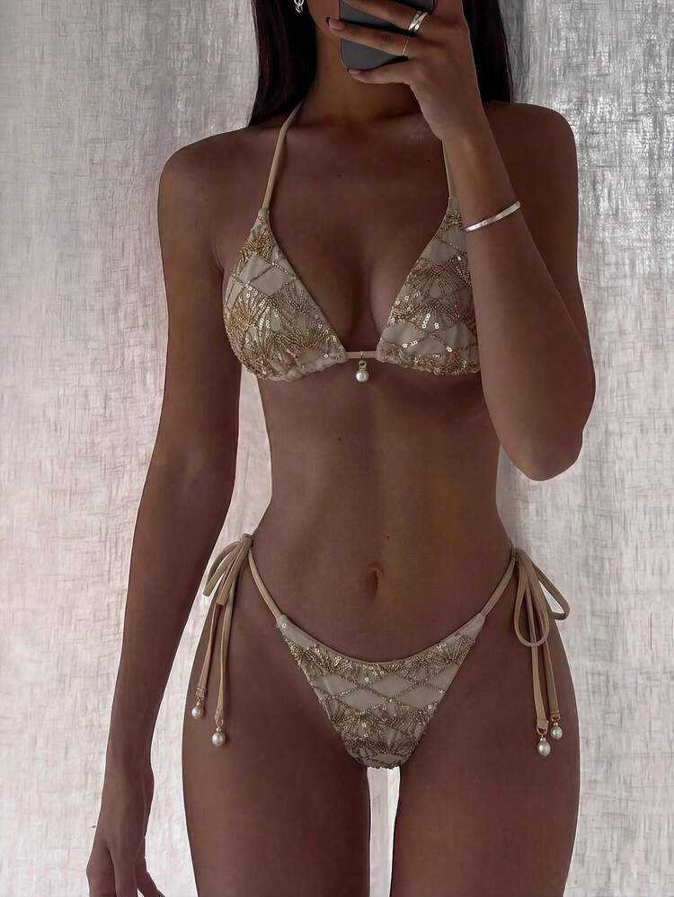 Costavie Swim Basics 2pcs Glitter Textured Fabric Pearl Decor Halter Triangle Top And Side Tie Bo... | SHEIN