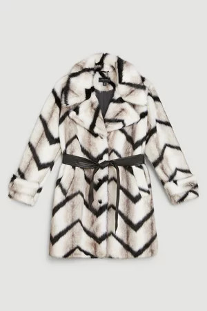 Mono Faux Fur Belted Longline Coat | Karen Millen US
