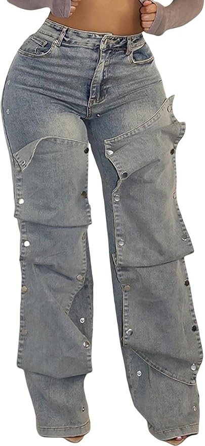 NRTHYE Women Cargo Jeans High Waisted Straight Wide Leg Jeans Pants Button Detachable Denim Cargo... | Amazon (US)
