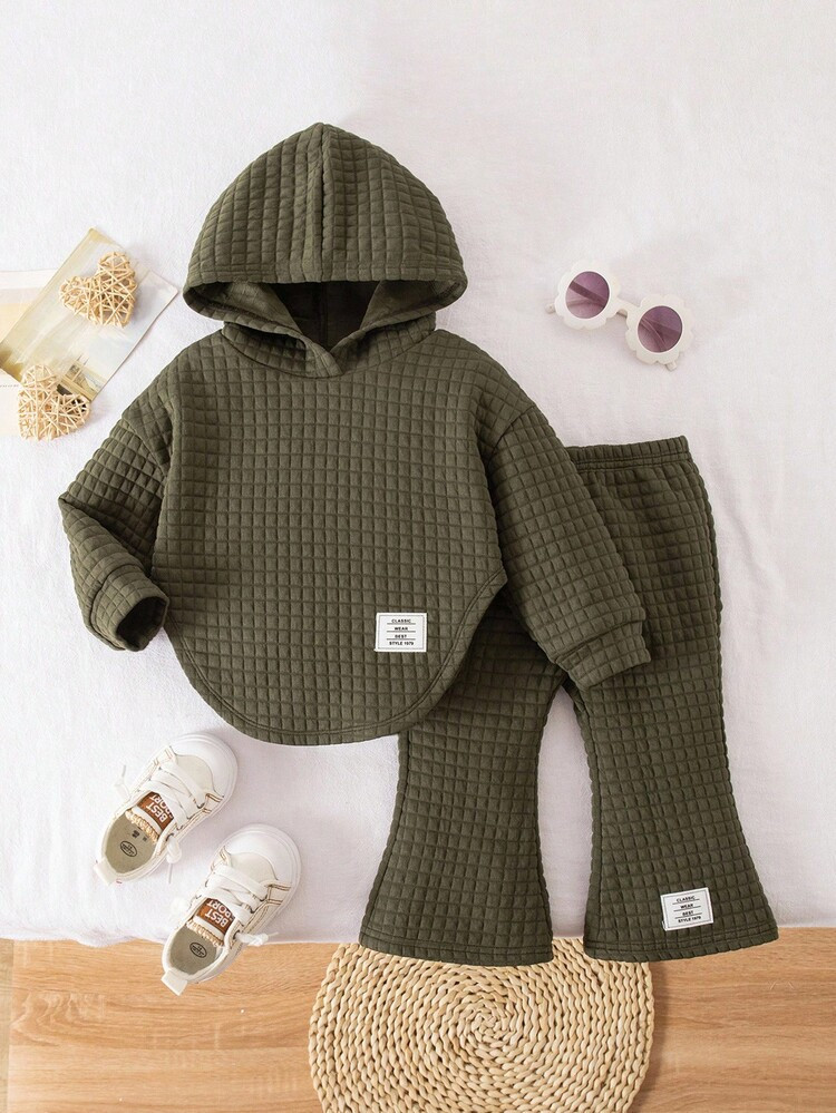 Babygirl Green Casual Knit Hoodie And Pants Set | SHEIN