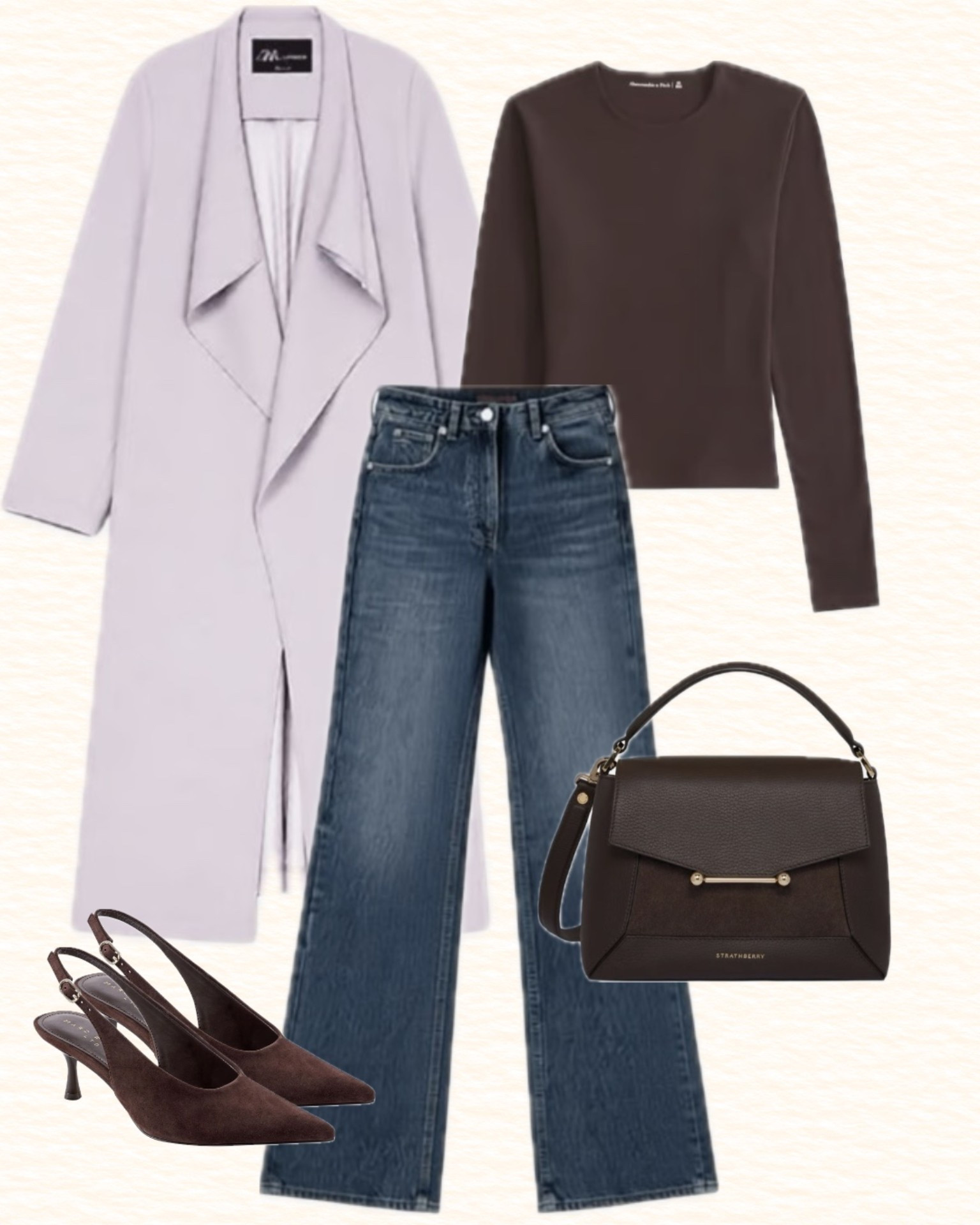 Lavender light coat with brown long sleeve top, wide leg jeans, brown suede slingback heels and brown suede and leather bag. Fall outfit inspiration for women.

#LTKootd #LTKWorkwear #LTKSeasonal