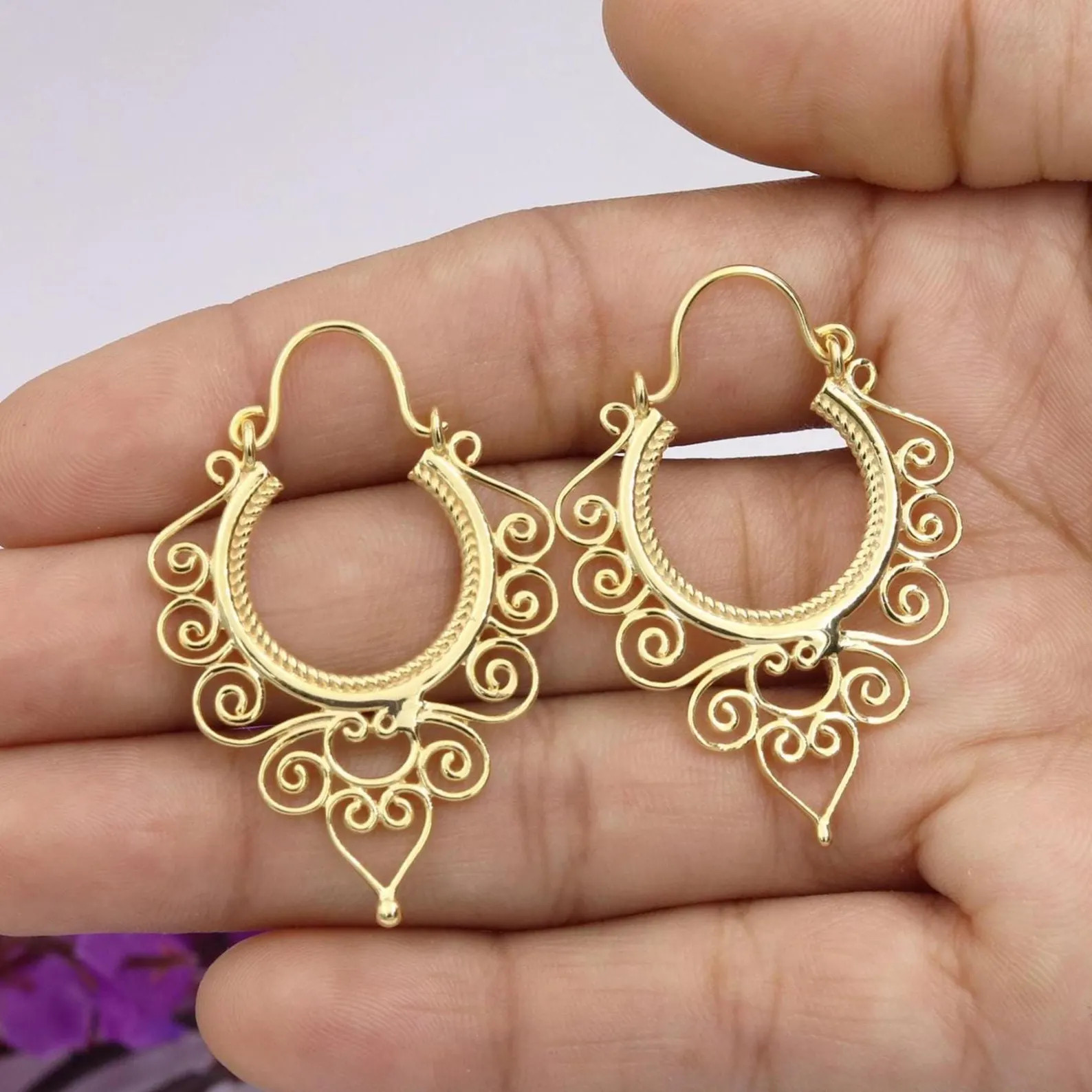 Designer Earrings, Boho Earrings, Filigree Gold Hoop Earrings, Gold Vermeil Earrings, Handmade Ea... | Etsy (Global)