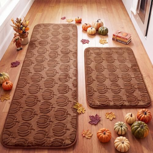 Drydiet Set of 2 Fall Kitchen Rugs Brown Pumpkin Kitchen Mats | Amazon (US)