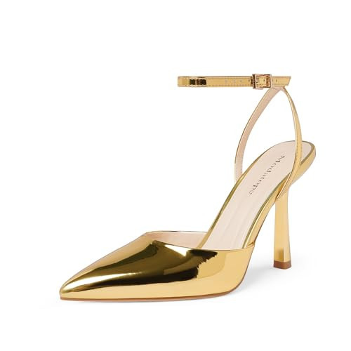 Modatope Gold Pumps for Women Dressy Sling Back Heel Metallic Gold Pointy Pointed Toe Heels Heeled Sandals Closed Toe Ankle Strap Stiletto High Heels Dress Bridal Wedding Shoes Size 8 | Amazon (US)