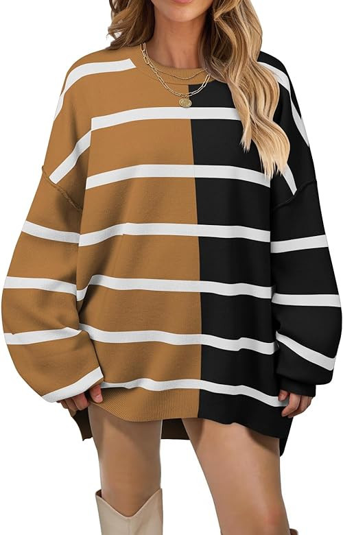 MEROKEETY Women's 2023 Striped Oversized Sweater Long Sleeve Color Block Casual Knit Pullover Top | Amazon (US)