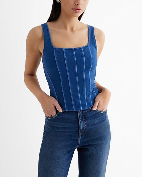 Body Contour Medium Denim Square Neck Corset Cropped Tank | Express