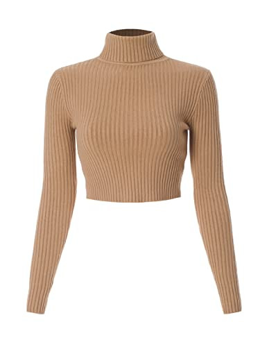 MixMatchy Women's Casual Turtleneck Long Sleeve Ribbed Sweaters Cropped Slim Fitted Knit Top Khaki S | Amazon (US)