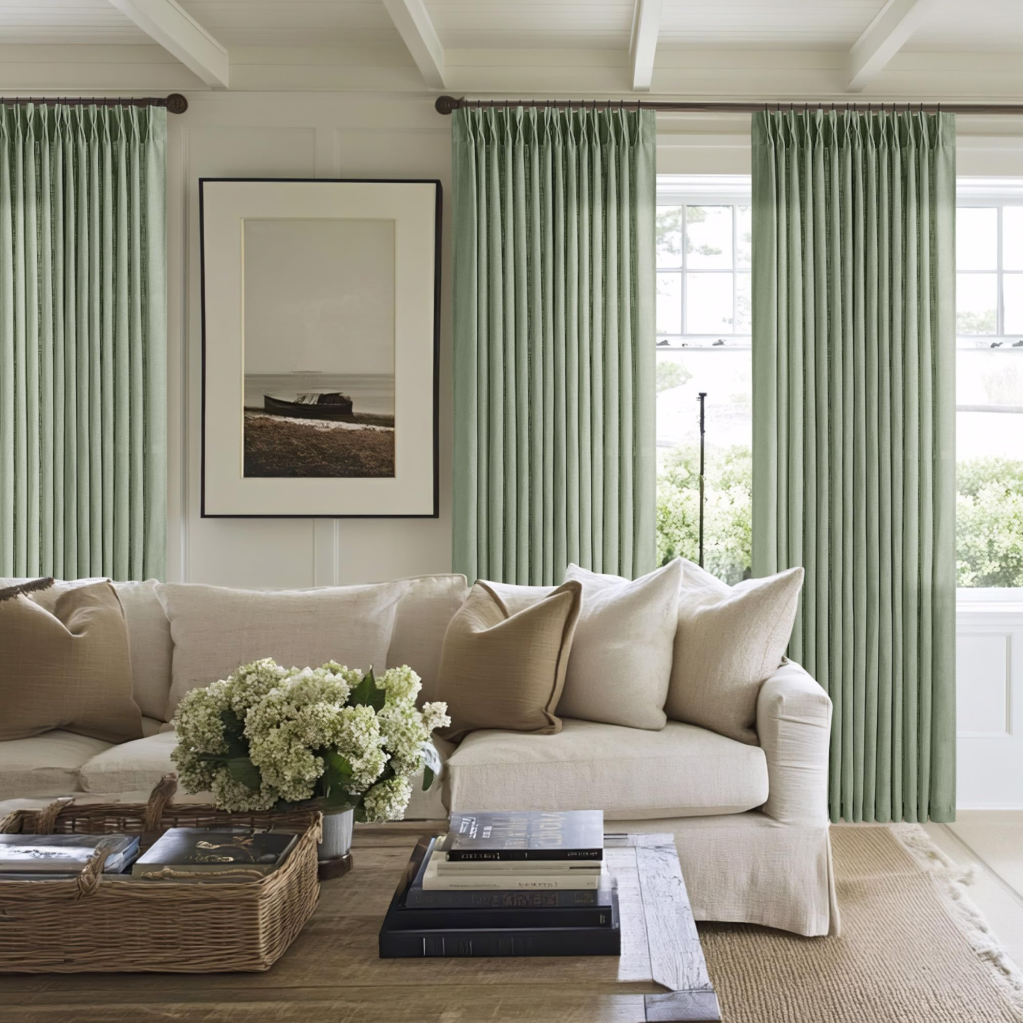 120 Inch Curtains High Ceiling Tall Curtains 2 Panels Set for Living Room Pinch Pleated with Hooks Rings Back Tab Bohemian Semi Sheer Drapes Cottage Long Large Window Drapes 120 Length Sage Green | Amazon (US)