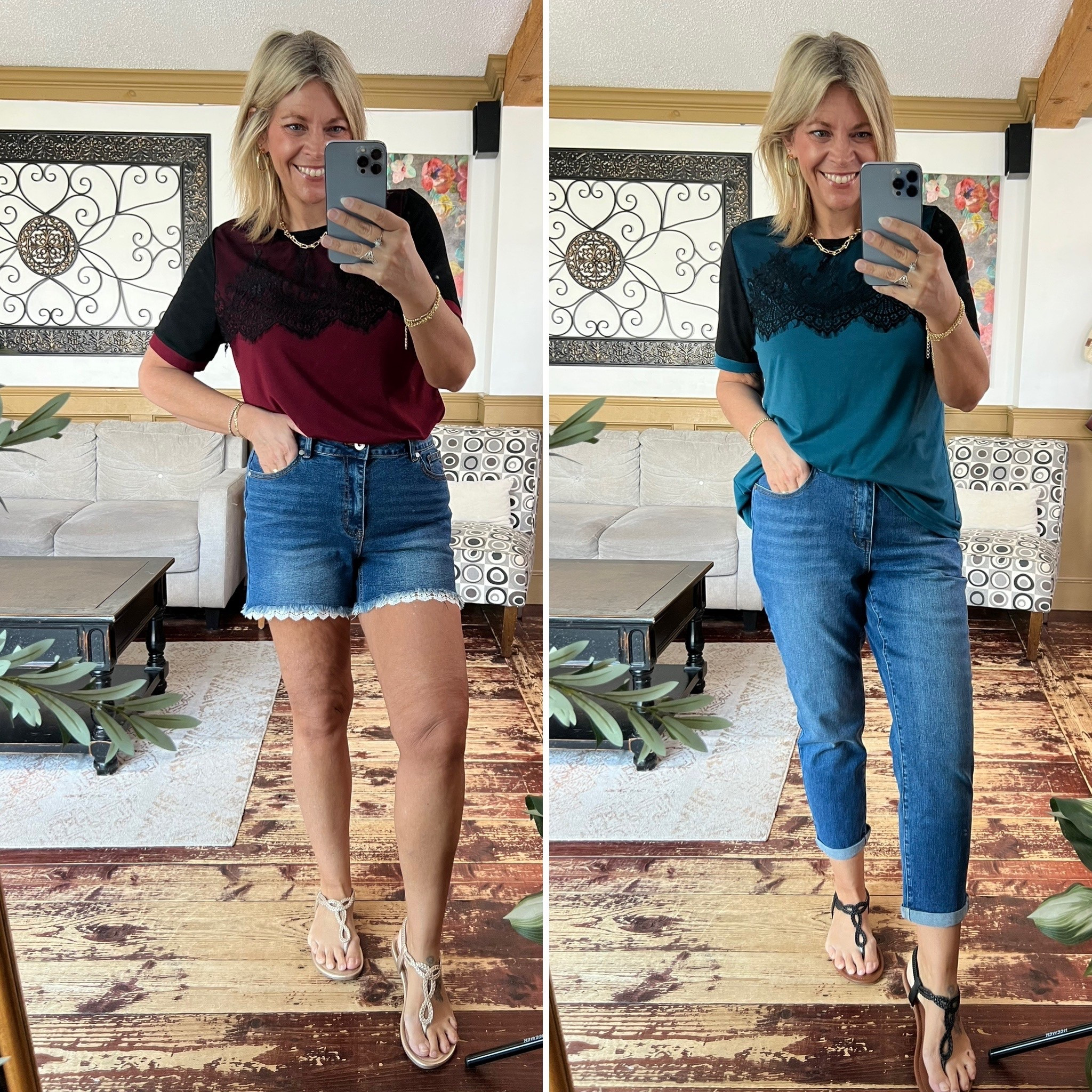 Super soft & stretchy lace detail tee size 10, shorts & cuffed jeans size 12

#LTKMidsize #LTKOver40 #LTKSeasonal