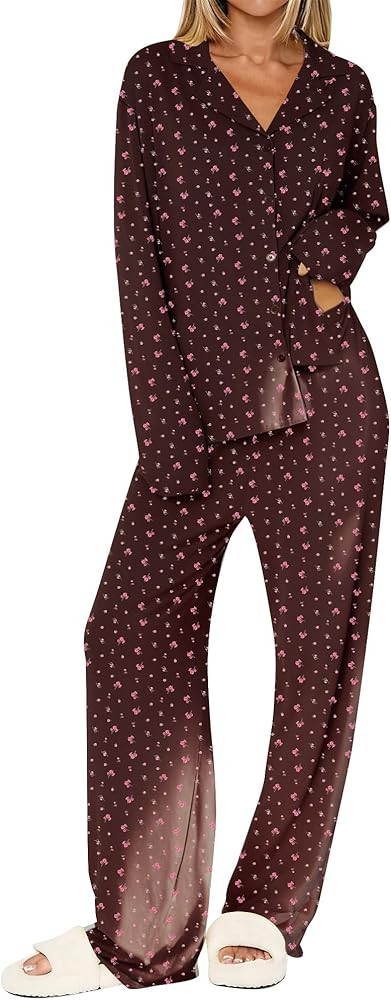 Dressmine Ladies Long Sleeve Cute Pajama Sets 2 Piece Fall Outfits Button Up Pjs Set Loungewear | Amazon (US)