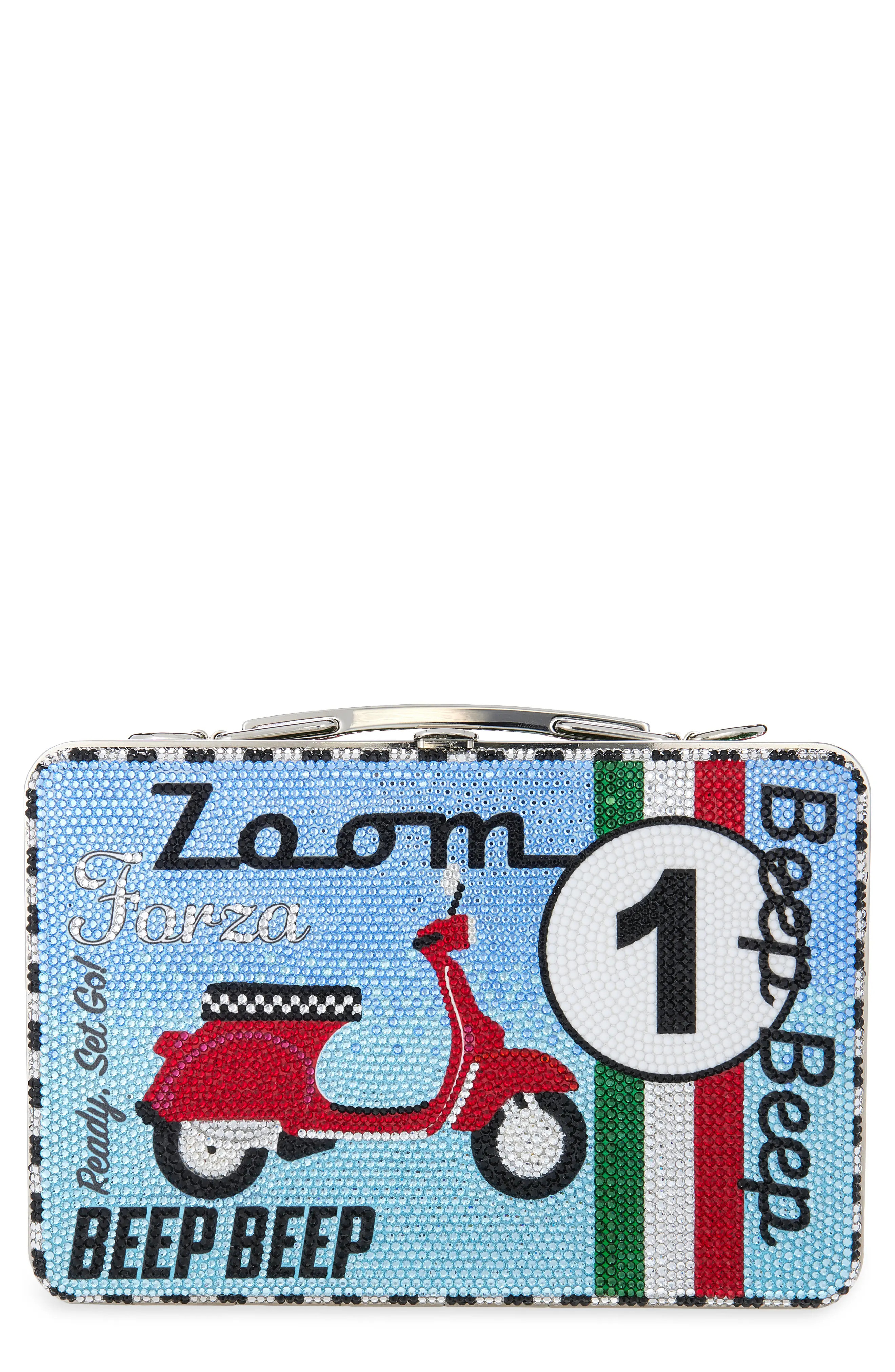JUDITH LEIBER COUTURE Beep Beep Crystal Embellished Lunch Box Clutch in Silver Sapphire Multi at Nordstrom | Nordstrom