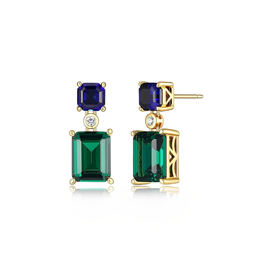 Emerald Earrings 18K Gold Plated Trendy Dainty Cute Blue Green Gemstone Dangle Earrings for Women... | Amazon (US)