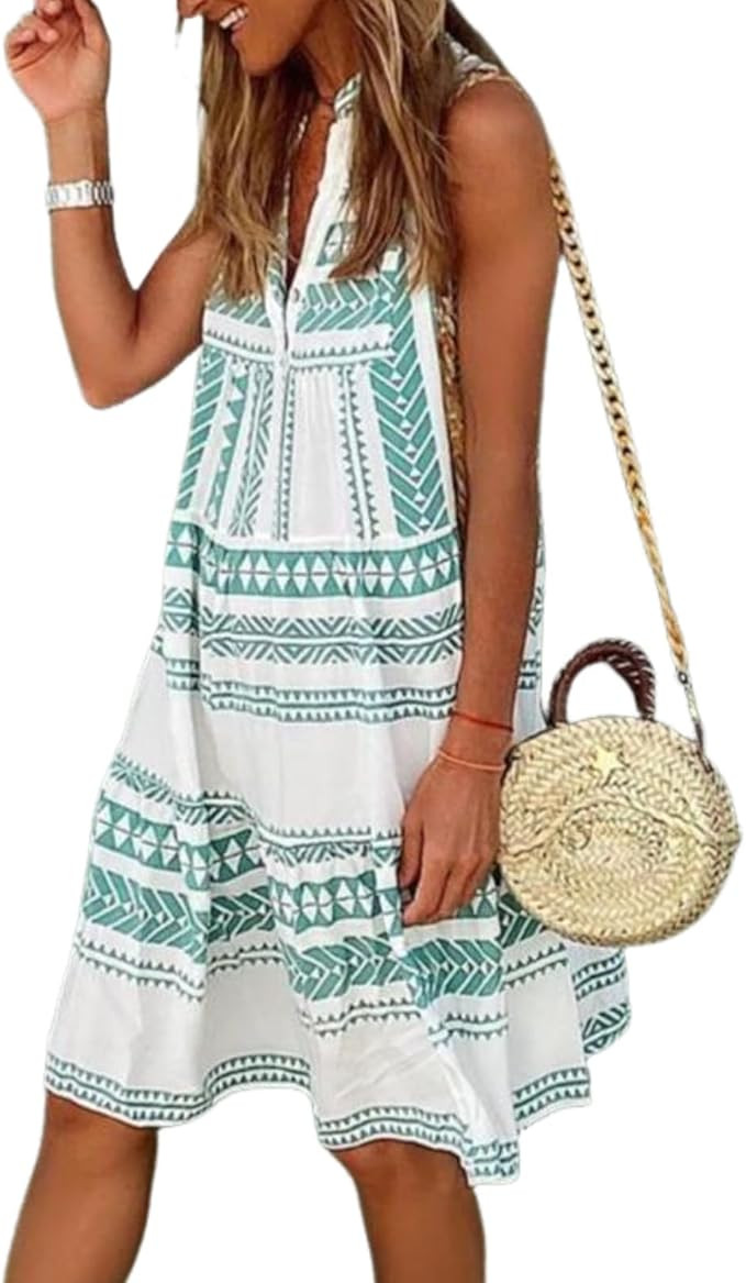 Women's White and Green Geometric Print Sleeveless V-Neck Mini Dress Elegant Casual Wear 2025 Spr... | Amazon (US)