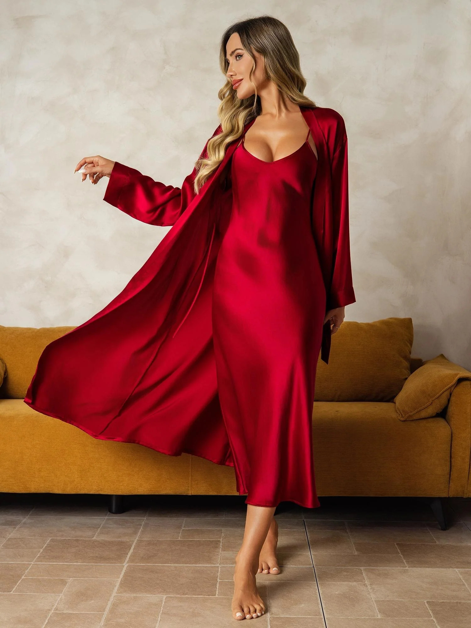Pure Silk V-Neck Midi Nightgown & Robe Set 2Pcs | SilkSilky