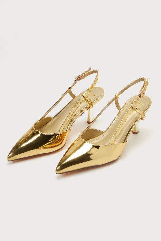 Narcissa Gold Patent Pointed-Toe Slingback Kitten Heel Pumps | Lulus