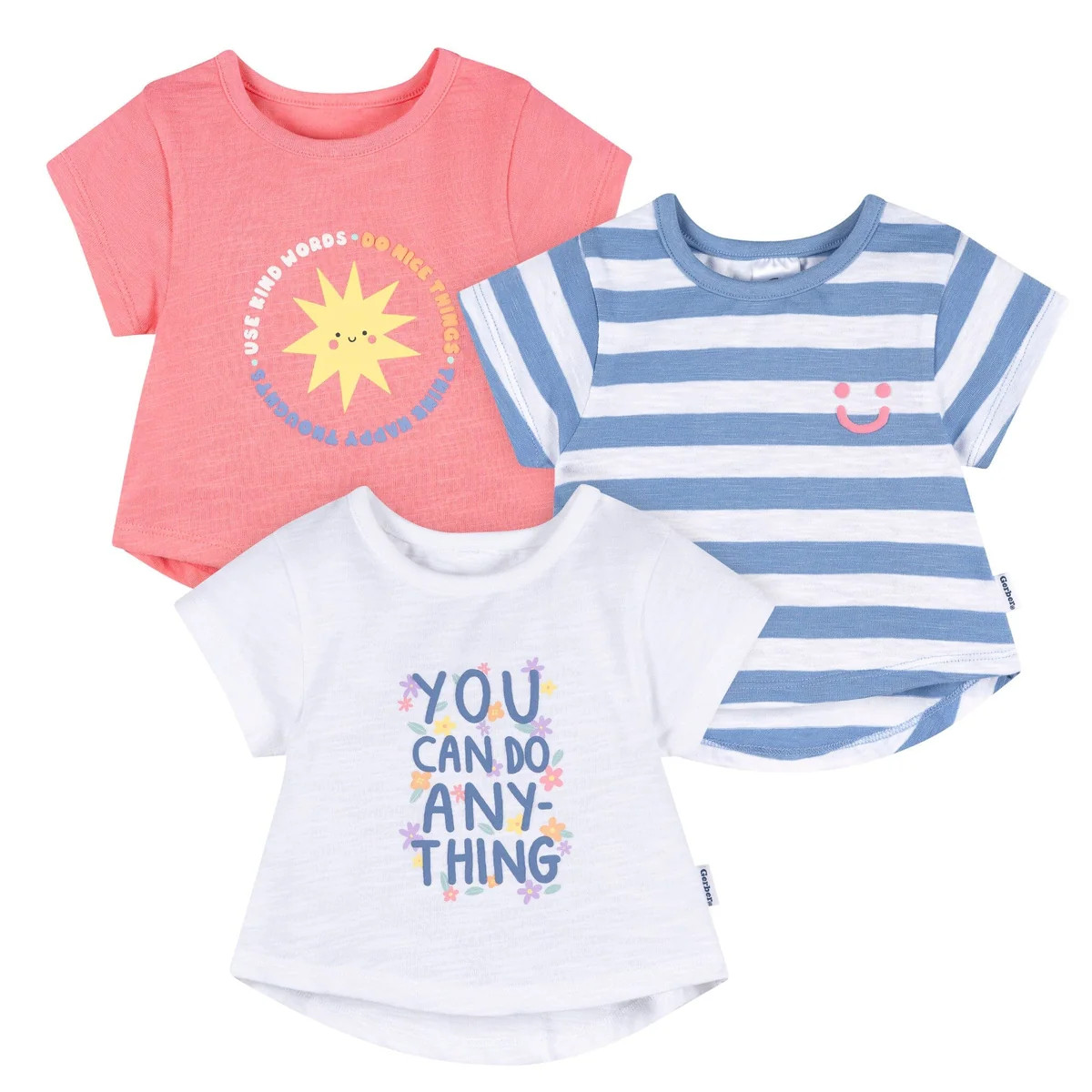 3-Pack Baby & Toddler Girls Pink, Blue and White Short Sleeve T-Shirts | Gerber Childrenswear