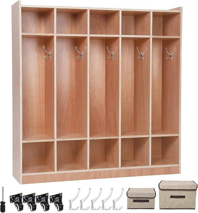 5-Section Classroom Coat Locker, 10 Cubbies Storage Organizer with 5 Hooks, 2 Storage Bins and 4 ... | Amazon (US)