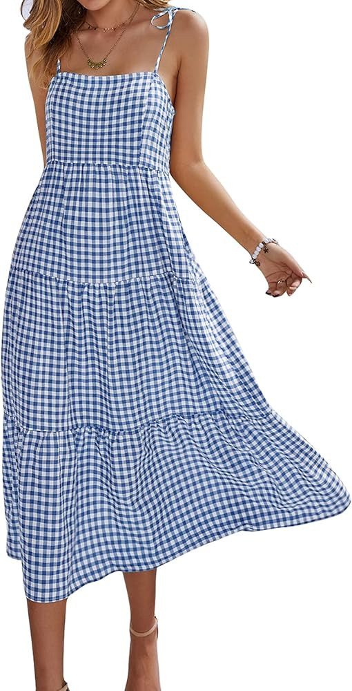 Vaiaye Women Spaghetti Strap Dresses Sleeveless Plaid Loose Adjustable Strap Gingham Dress Beach Mid | Amazon (US)