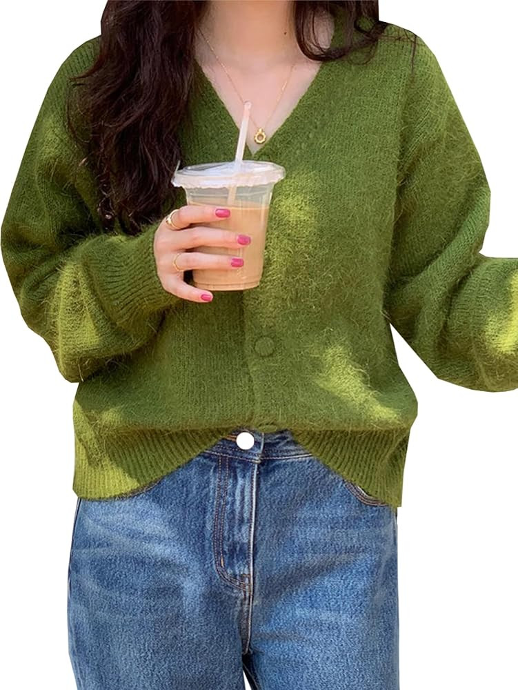 SHENHE Women's Button Up Cardigans V Neck Lantern Sleeve Drop Shoulder Fuzzy Baggy Cardigan Sweat... | Amazon (US)