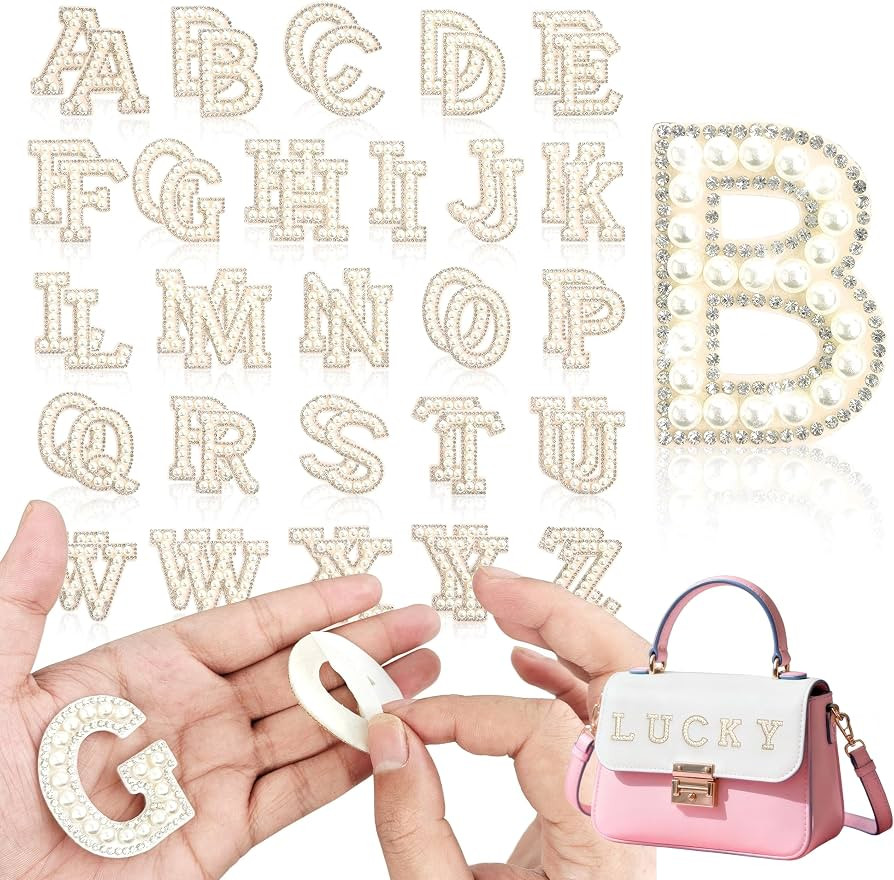 52Pcs Pearl Letter Patches, Self Adhesive Pearl Rhinestone Letter Patches A-Z for Clothes, Dress,... | Amazon (US)