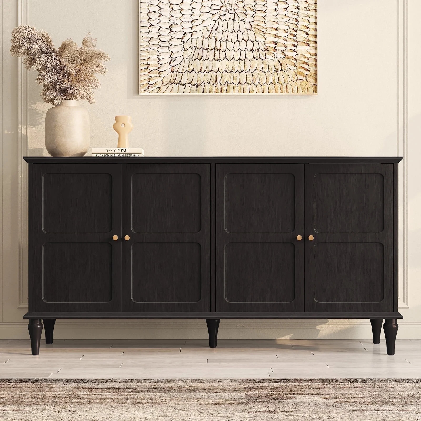 CBJCBJ Mid-Century 58'' Wood 4 Door Sideboard Buffet Cabinet for Living Dining & Bedroom (Black) | Walmart (US)
