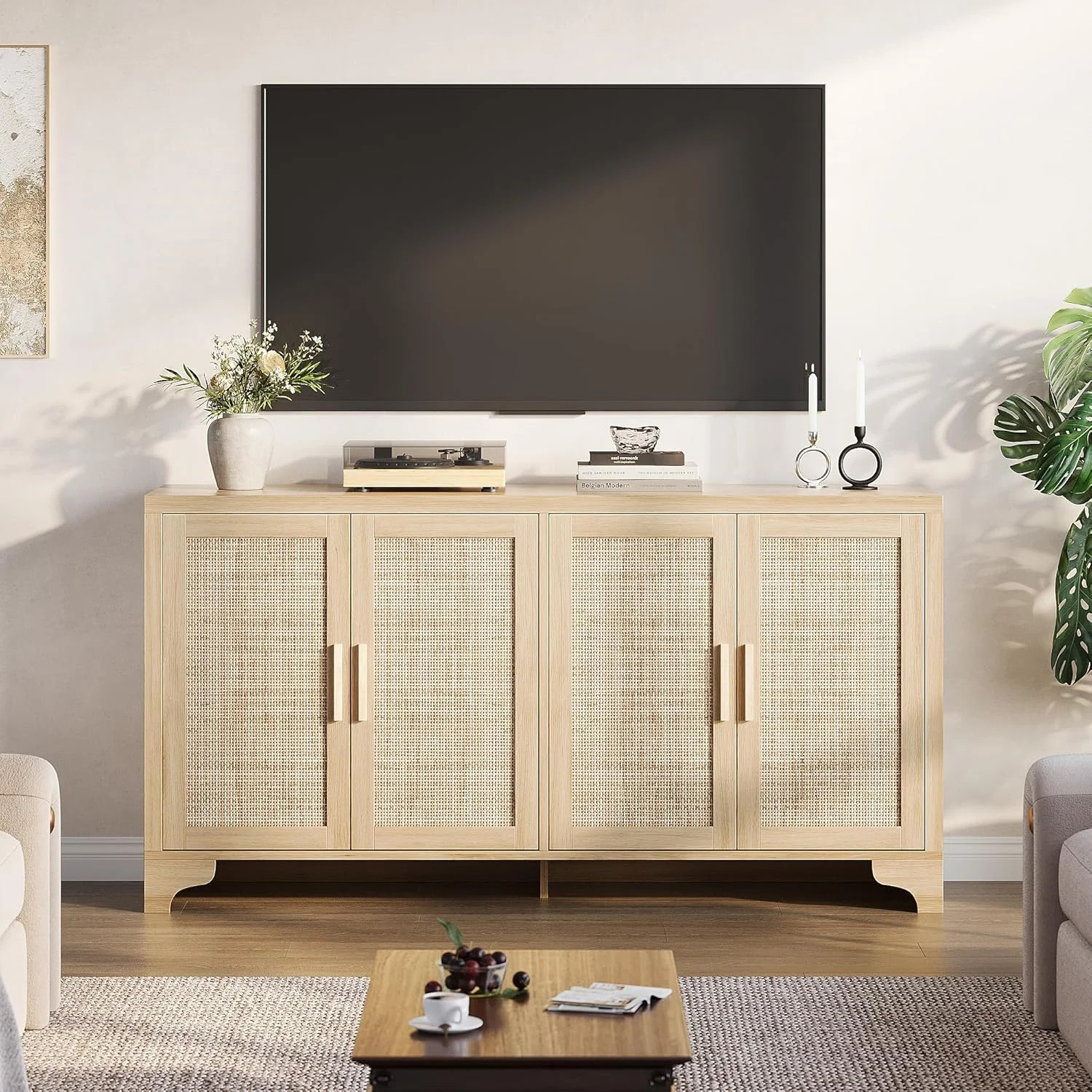 Rattan Sideboard Buffet Cabinet, 62 Inch Storage Cabinet with 4 Doors and Shelves, Modern Farmhouse Accent Table, Wooden Console Table with Storage fo | Wayfair North America