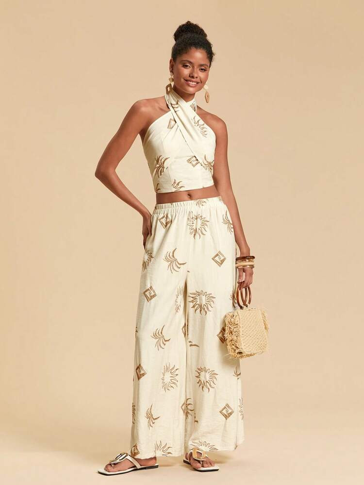 Travachic Women's Elastic Waist Straight Loose Vintage Embroidered Long Pants, Christmas, Women's New Year's Eve, Thanksgiving, Elegant Party Pants, Winter, Graduation, Prom, Luxury Evening | SHEIN