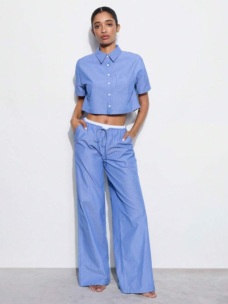 Maija Women's Summer Fashion Casual Contrast Color Elastic Waist Single-Breasted Short Sleeve Shirt And Wide Leg Pants Suit, 2 Pieces Set | SHEIN