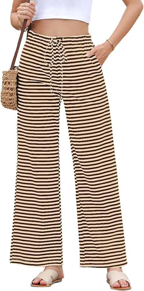 EVALESS Wide Leg Pants for Women Drawstring Elastic Waist Stripe Ribbed Sweatpants with Pockets | Amazon (US)