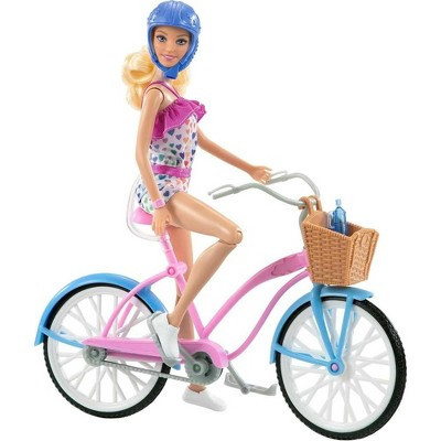 Barbie Doll & Bike Set with Accessories, Blonde in Rainbow Romper with Pink & Blue Bicycle, Helmet, Basket & Water Bottle | Target