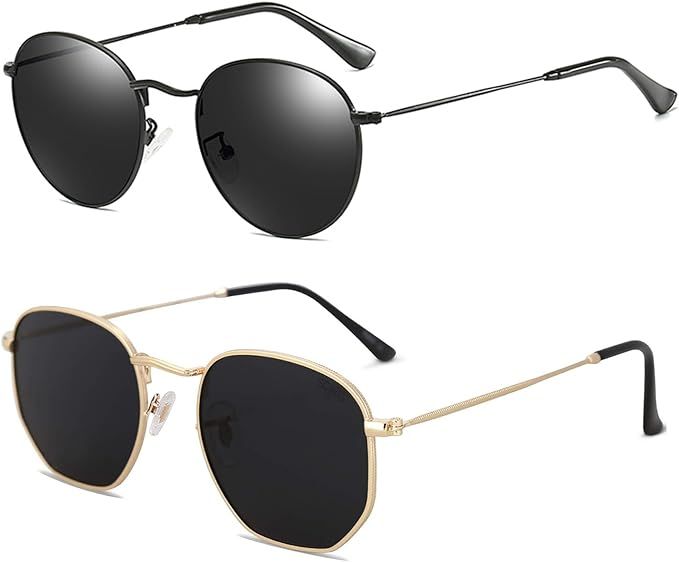2PCs Round Hexagonal Polarized Sunglasses for Women Men Classic Vintage Retro Shades Sun Glass | Amazon (US)
