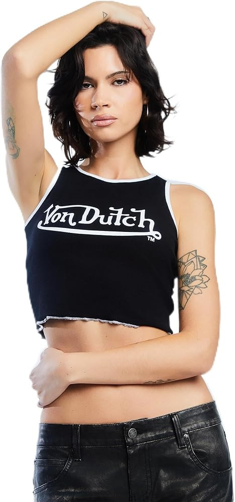 Von Dutch Womens Ribbed Crop Tank Top | Logo Front Stretch Knit Sleeveless Cropped Shirt, Cotton ... | Amazon (US)