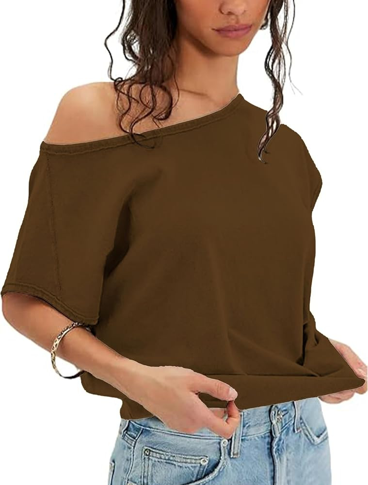 Womens Summer Off The Shoulder Crop Tops Ruched Dolman Short Sleeve T Shirts Asymmetrical Casual ... | Amazon (US)