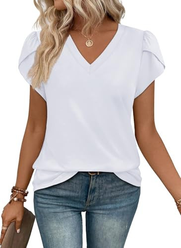 WIHOLL White T Shirts for Women V Neck Short Tulip Sleeve Summer Tops Basic Tee 2025 Fashion Trendy L | Amazon (US)